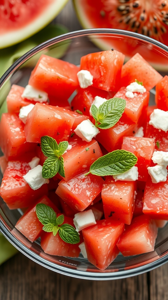 A bowl of watermelon feta salad with mint leaves on top.