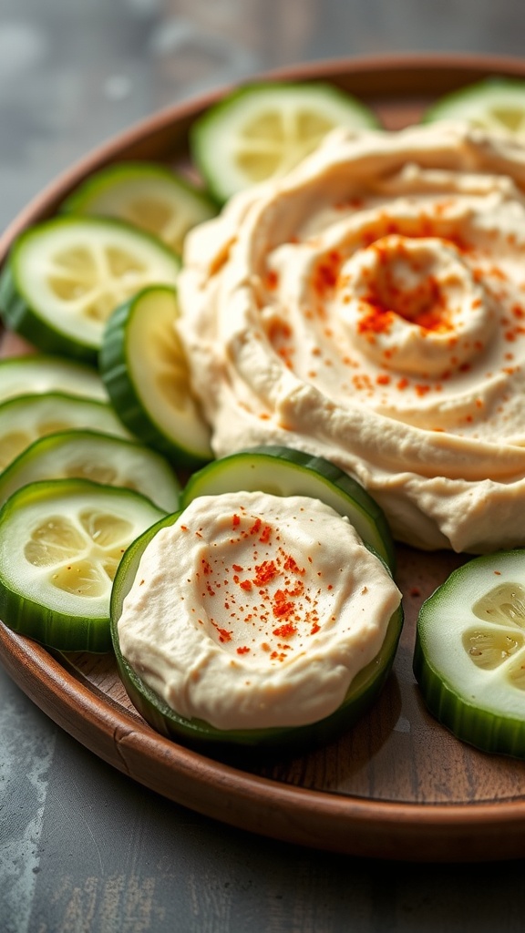 A plate of cucumber slices topped with hummus and sprinkled with paprika.