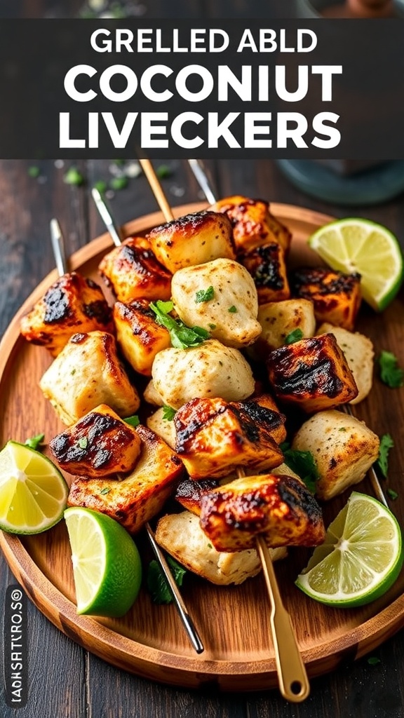 Grilled coconut lime chicken skewers with lime wedges on a wooden platter.
