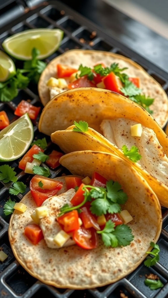 Cilantro lime grilled fish tacos with fresh toppings and lime wedges