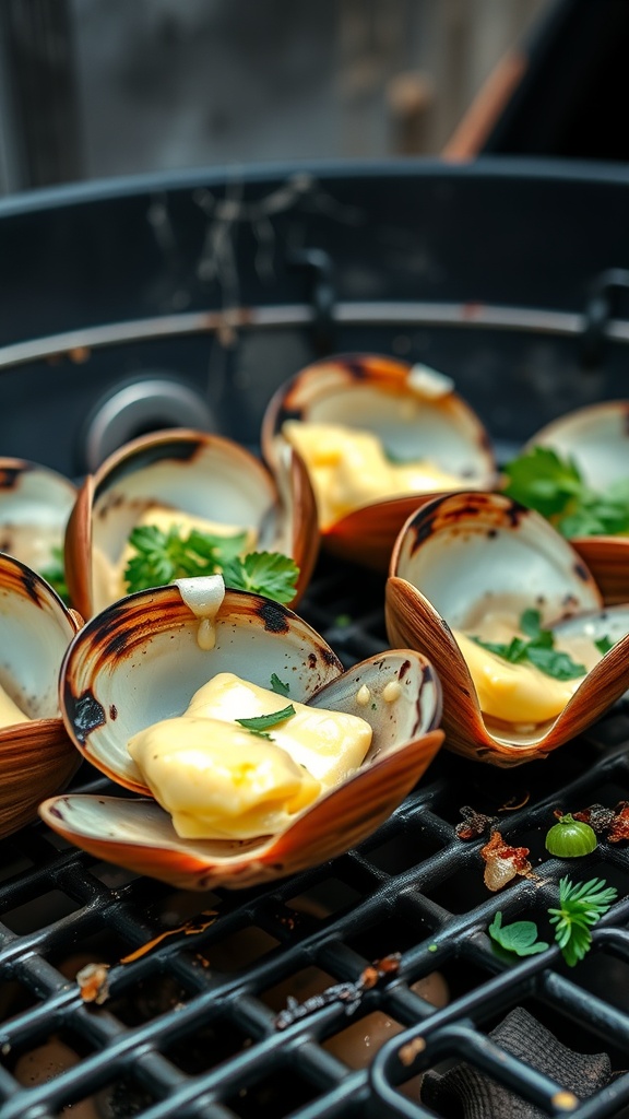 Grilled clams with herb butter on a grill