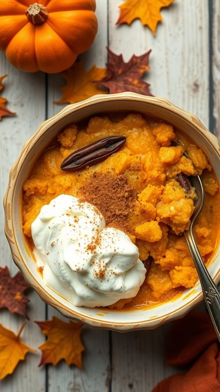 A bowl of pumpkin spice cobbler topped with whipped cream and sprinkled with cinnamon, surrounded by autumn leaves and a small pumpkin.