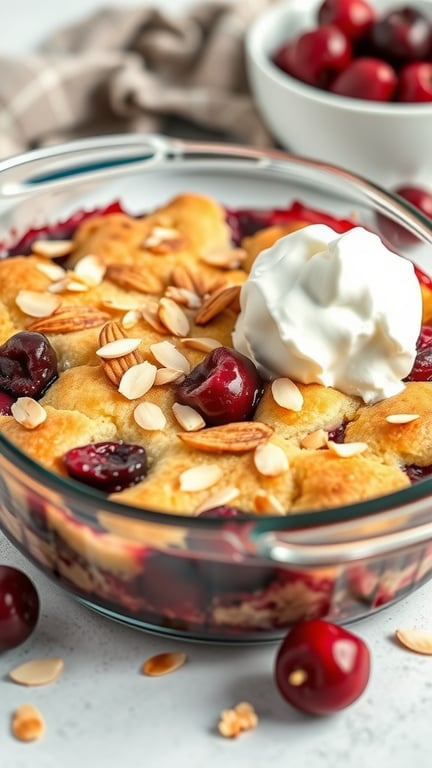 A delicious cherry almond cobbler topped with whipped cream and sliced almonds.