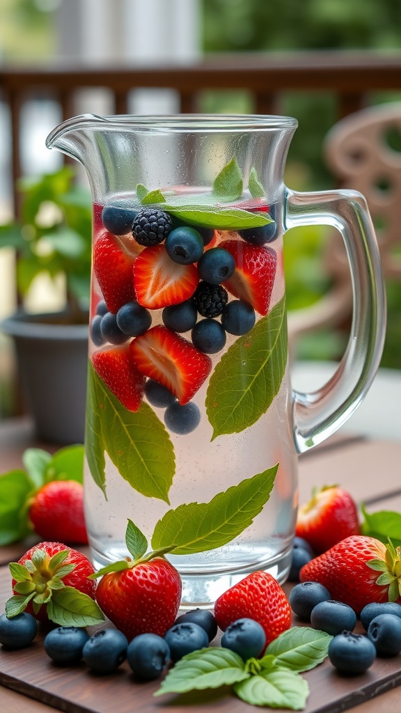 A pitcher of berry basil infused water with strawberries, blueberries, and basil leaves.