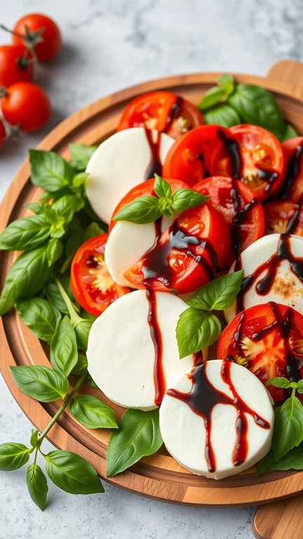 A colorful Caprese salad with slices of mozzarella, tomatoes, and fresh basil, drizzled with balsamic glaze on a wooden platter.