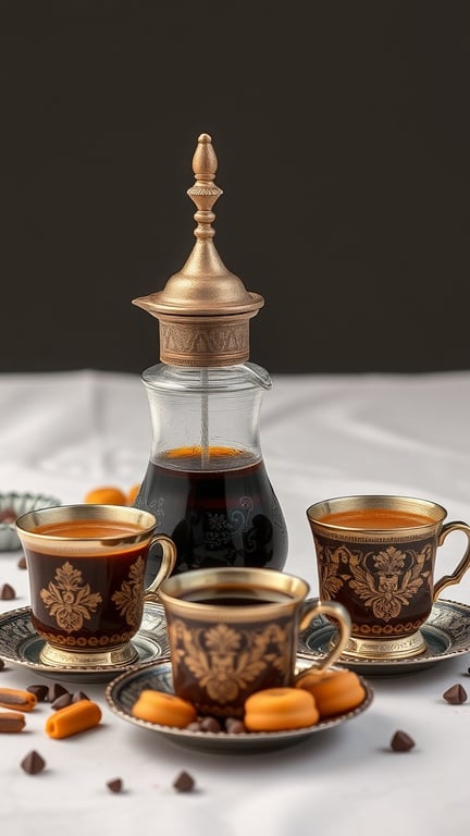 A traditional Turkish coffee setup with ornate cups and a cezve, showcasing rich coffee and sweet treats.