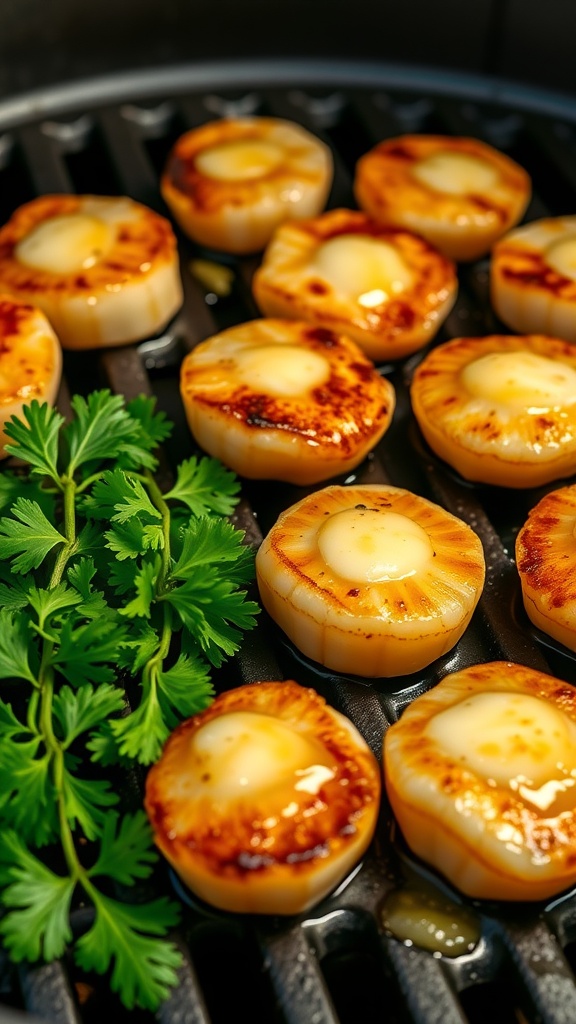 Grilled scallops with garlic butter and fresh parsley on a grill