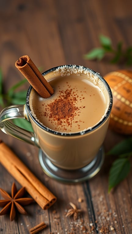 A cup of Mexican spiced coffee topped with cinnamon and a cinnamon stick, surrounded by spices.
