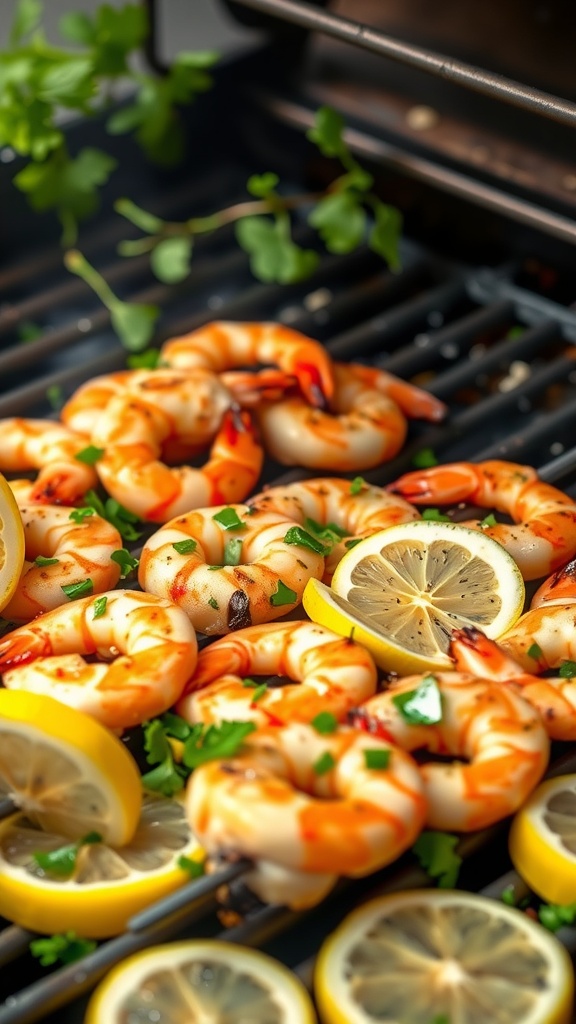 Grilled shrimp skewers with lemon slices on a grill