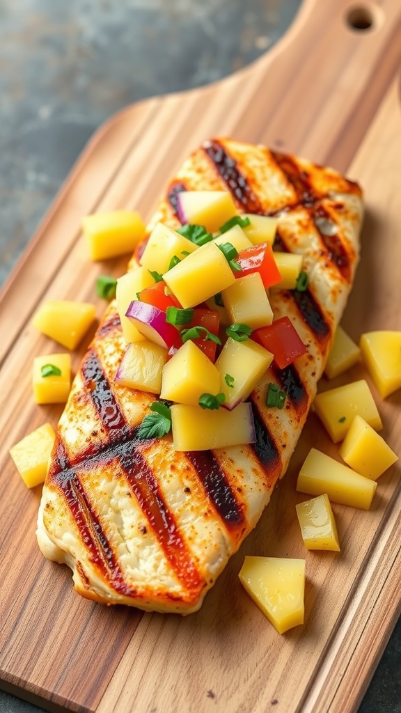 Grilled Mahi-Mahi topped with pineapple salsa on a wooden cutting board