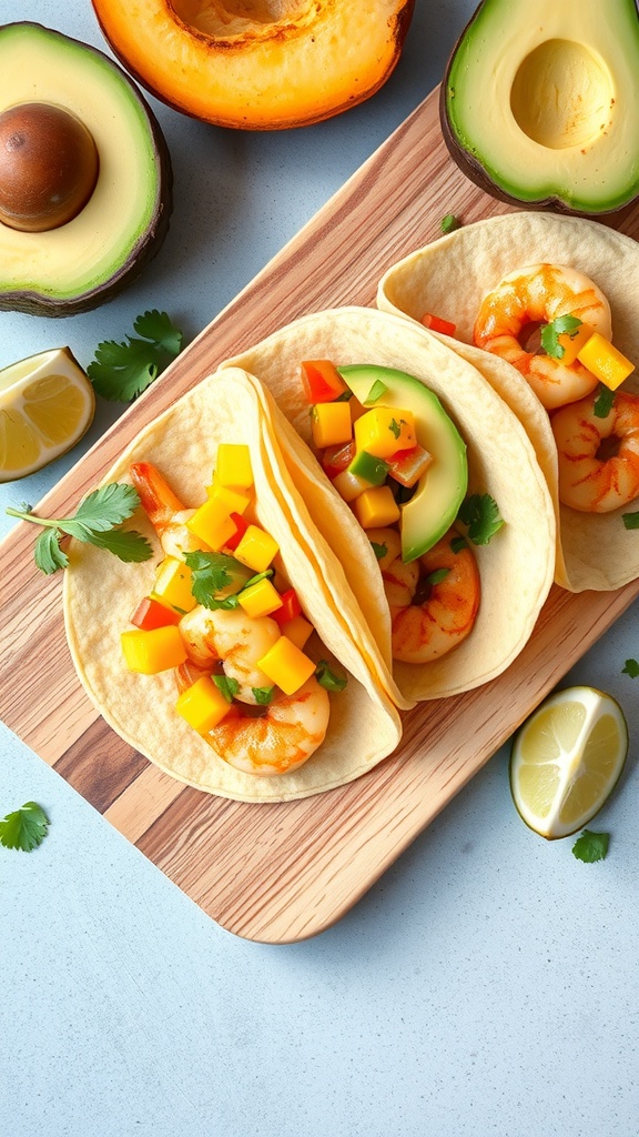 Shrimp tacos with mango salsa on a wooden board, surrounded by avocado and lime.