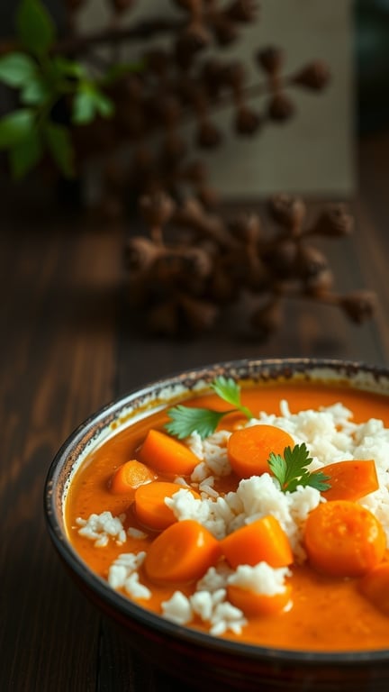 A bowl of carrot and coconut curry with rice, garnished with cilantro, on a wooden table.