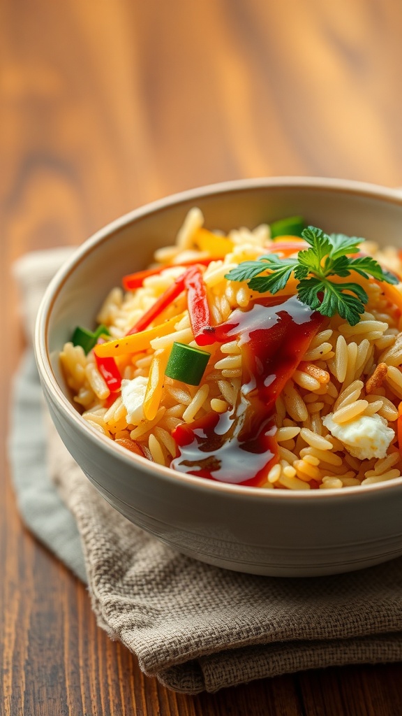 A bowl of golden egg fried rice with colorful bell peppers and a drizzle of sauce.