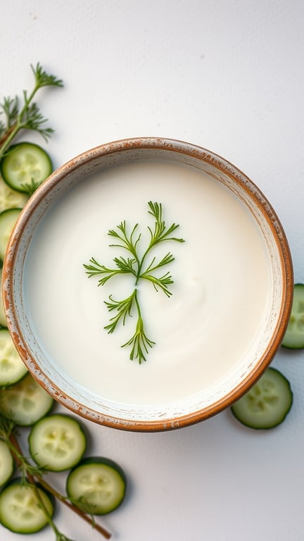 A bowl of chilled cucumber and yogurt soup garnished with dill, surrounded by cucumber slices.