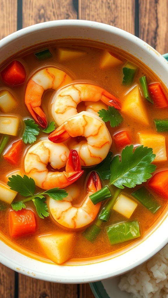 A bowl of Sinigang na Hipon with shrimp, vegetables, and a tangy broth.