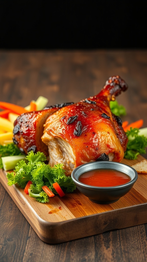 A delicious serving of Lechon Kawali with crispy skin, accompanied by fresh vegetables and a dipping sauce.