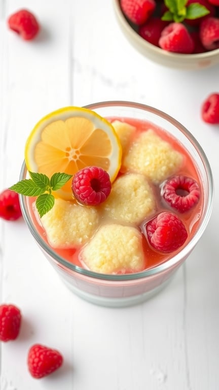 A glass of Raspberry Lemonade Cobbler topped with lemon slices and fresh raspberries.