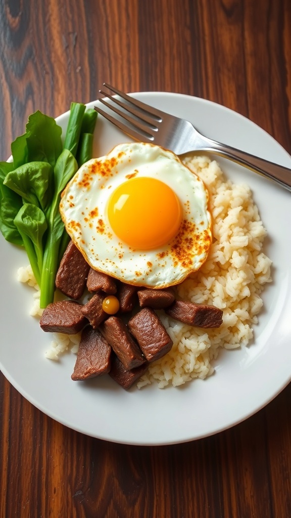 A plate of tapsilog featuring beef tapa, garlic rice, a sunny-side-up egg, and greens.