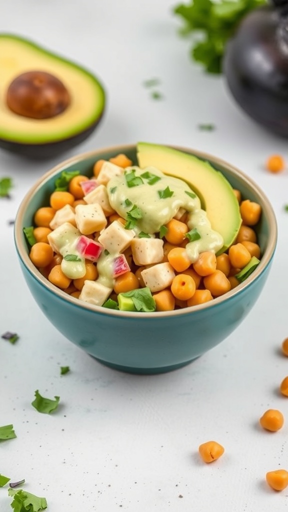 A bowl of chickpea salad topped with avocado dressing and fresh vegetables.