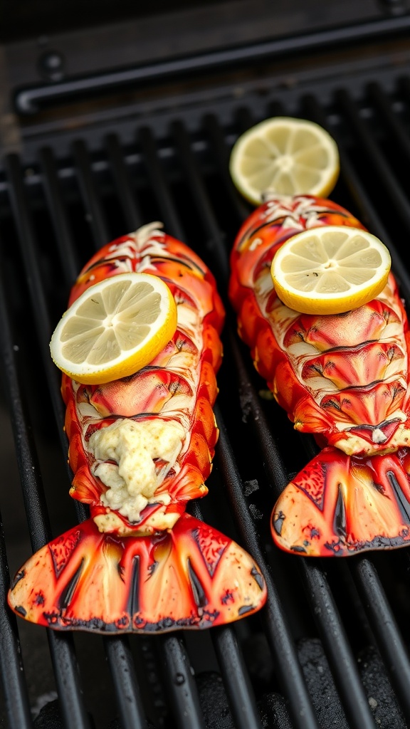 Grilled lobster tails on a grill with lemon slices on top