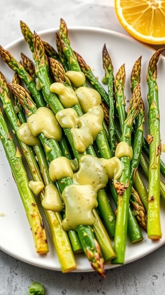 Grilled asparagus drizzled with lemon garlic sauce on a white plate
