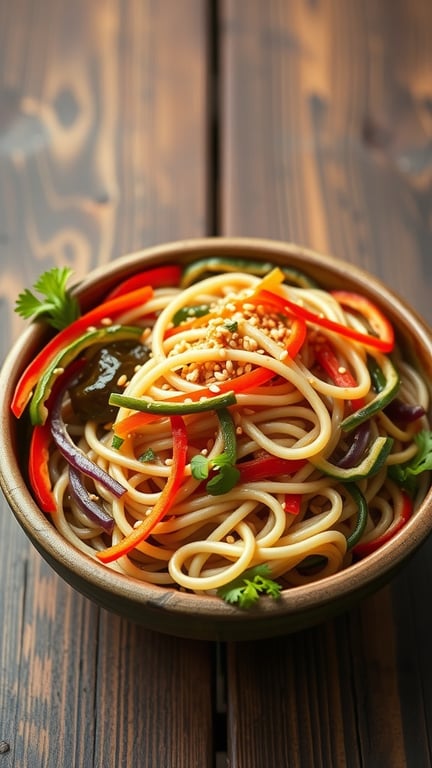 A bowl of cold soba noodle salad with colorful vegetables and sesame seeds.