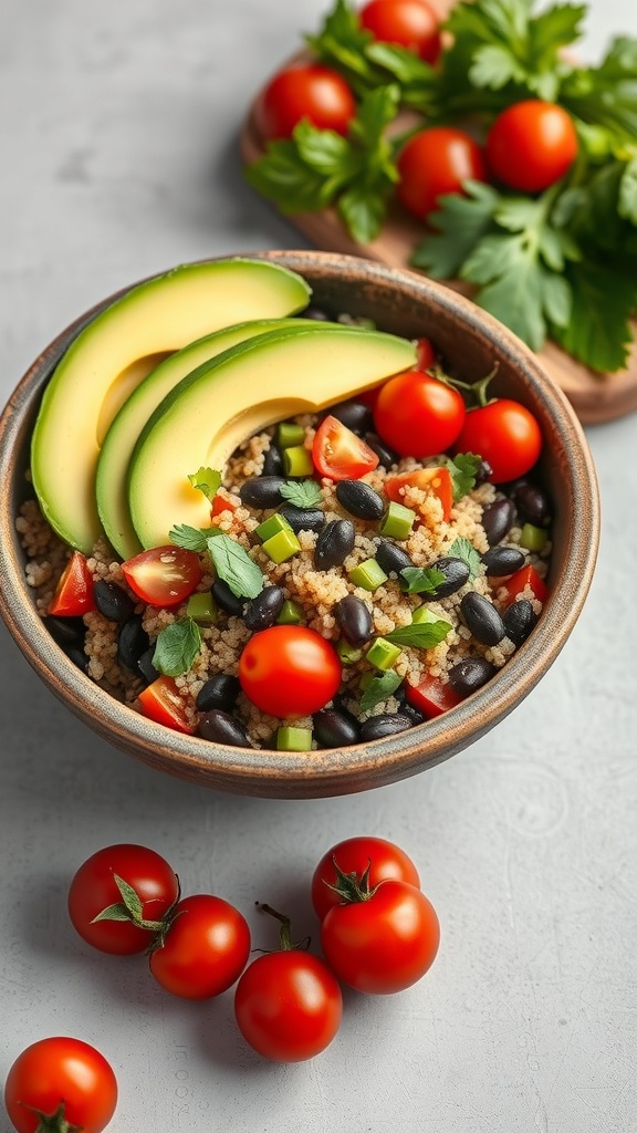 A bowl of quinoa and black bean salad topped with avocado slices, cherry tomatoes, and fresh cilantro.