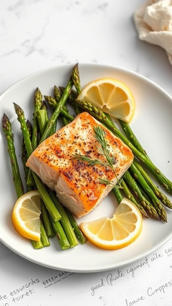 A plate of salmon fillet with asparagus and lemon slices