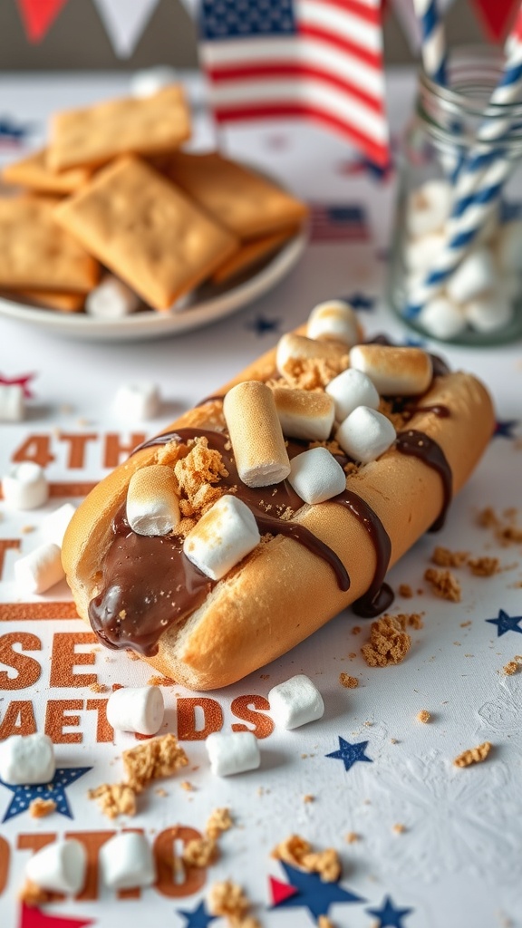 A s'mores hot dog dessert with chocolate, marshmallows, and graham cracker crumbs on a bun.