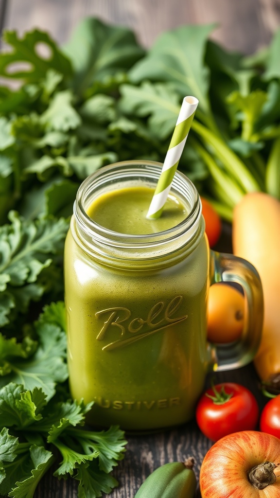 A green spinach and kale smoothie in a mason jar with a striped straw, surrounded by fresh vegetables.