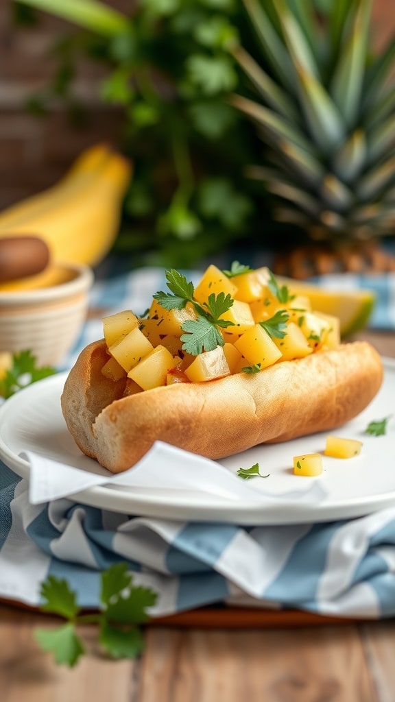 A hot dog topped with sweet and spicy pineapple salsa, garnished with cilantro, on a plate.