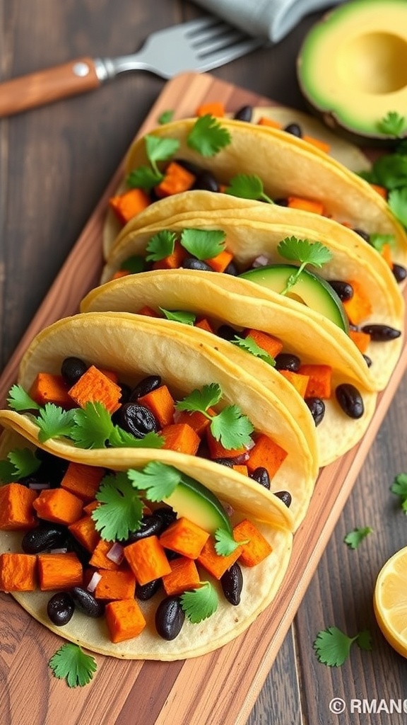A plate of sweet potato and black bean tacos garnished with cilantro and avocado.