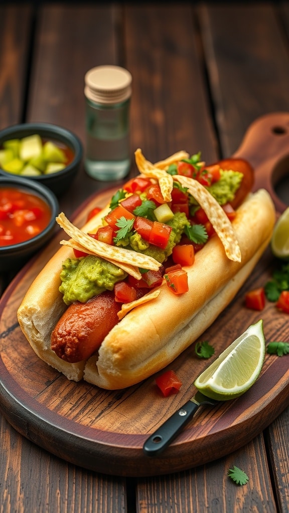 Tex-Mex hot dog topped with guacamole, tomatoes, and tortilla strips on a wooden platter.
