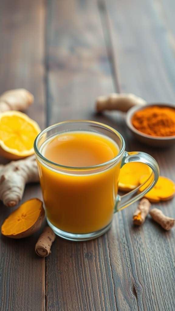A cup of turmeric ginger tea surrounded by fresh ginger, turmeric roots, and lemon slices on a wooden table.