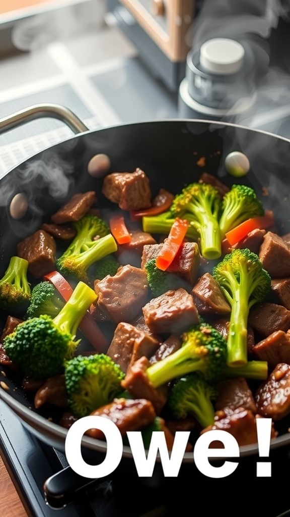 A pan of beef and broccoli stir-fry with colorful vegetables