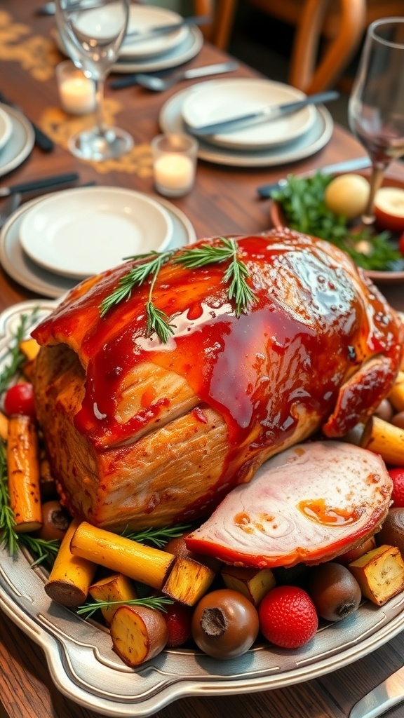 Apple Cider Glazed Ham Recipe A glazed ham on a platter with herbs and roasted vegetables, set on a rustic table.