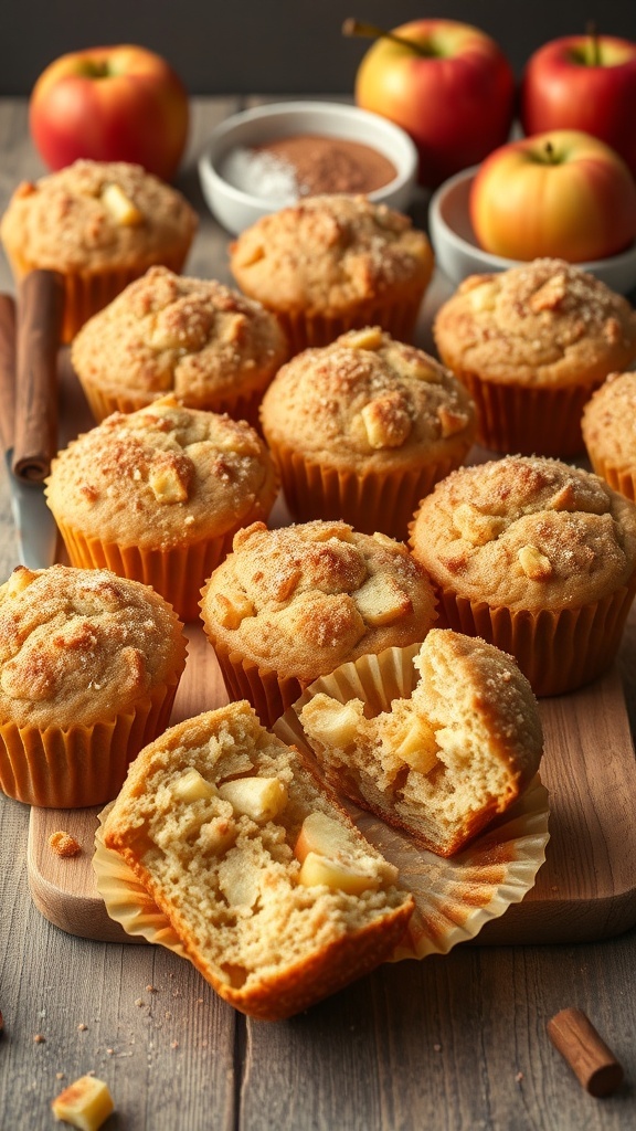 Delicious Apple Cinnamon Muffins Recipe Golden brown apple cinnamon muffins on a wooden table, some broken open to show apple chunks.