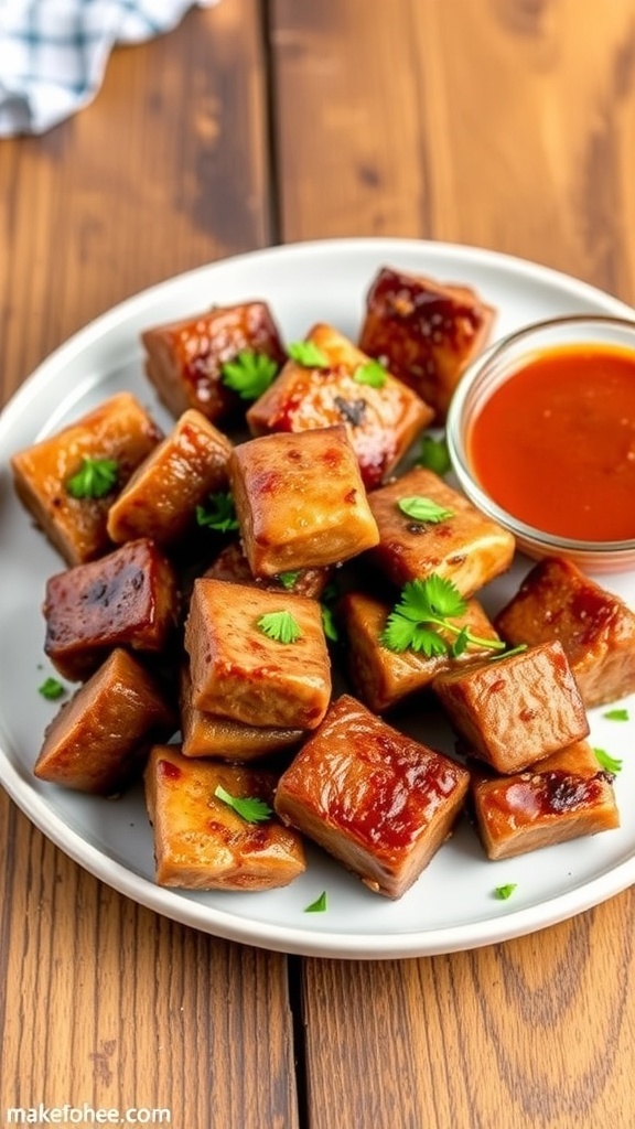 Juicy air fryer steak bites garnished with parsley on a rustic plate.