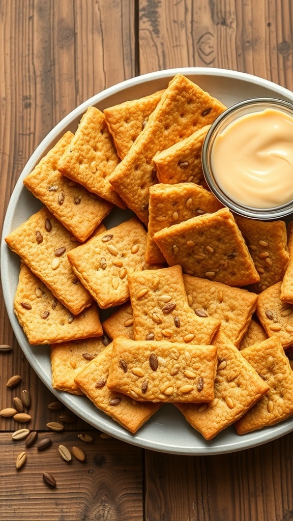 Crispy keto seed crackers made with sunflower and sesame seeds, served with cheese dip on a rustic table.