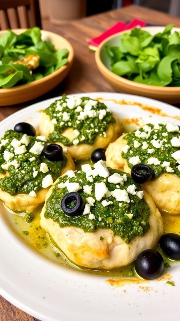 Keto pesto chicken casserole with chicken thighs, pesto, feta, and olives on a rustic table.