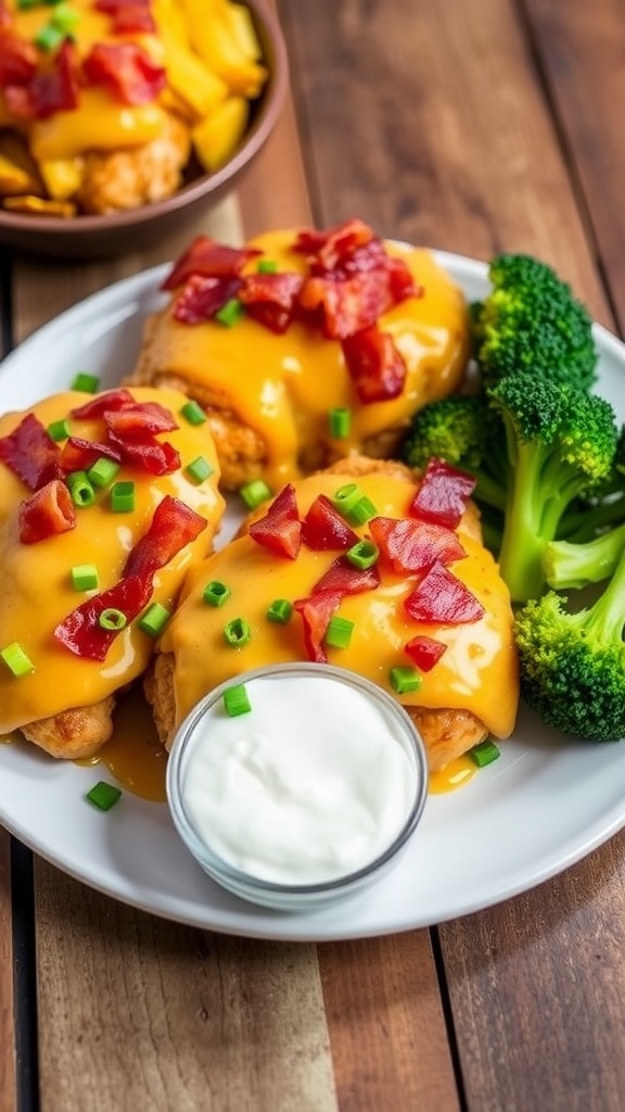 Keto cheesy bacon ranch chicken with melted cheese and crispy bacon, garnished with green onions, served with broccoli.