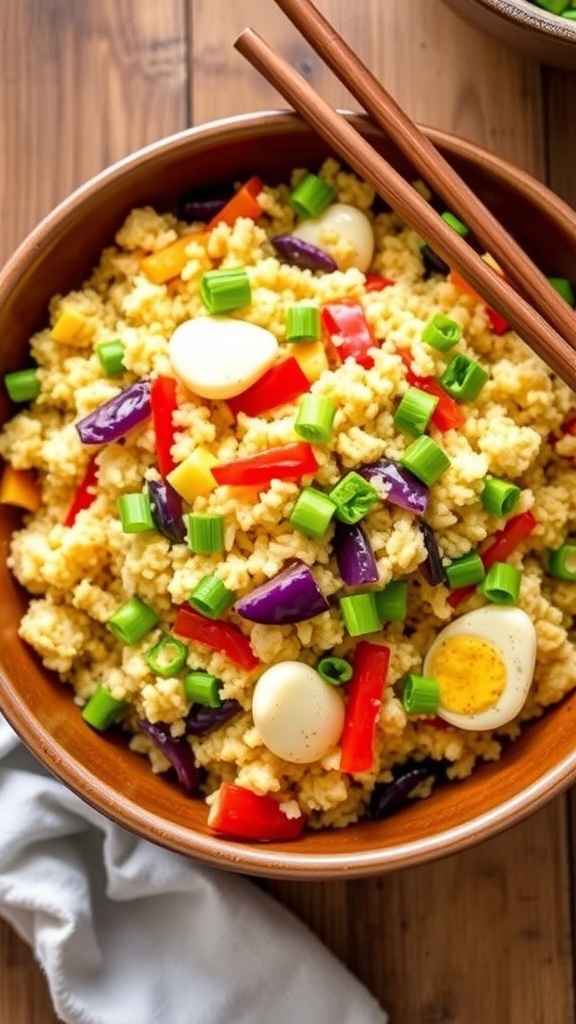 A bowl of keto cauliflower fried rice with vegetables and eggs, garnished with green onions.