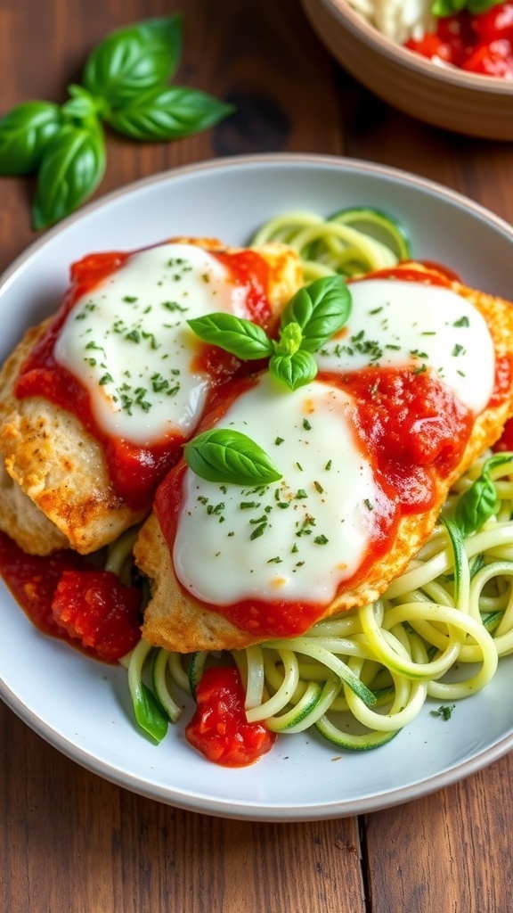 Keto chicken parmesan with melted mozzarella and marinara sauce, served with zucchini noodles on a wooden table.