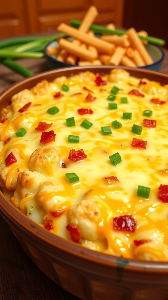 Cheesy loaded cauliflower casserole with bacon and green onions in a baking dish.