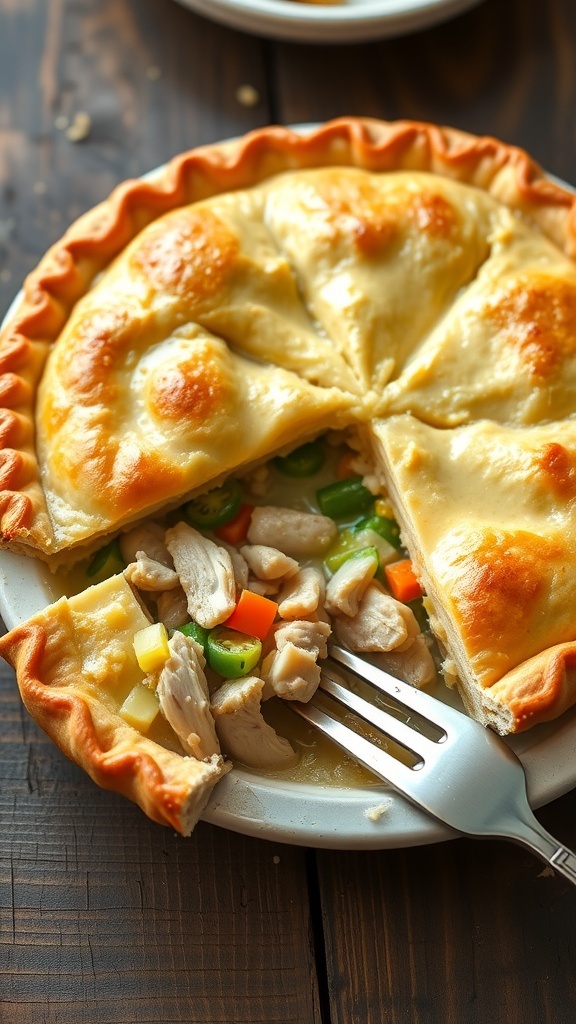 A delicious keto chicken pot pie with a golden almond flour crust, filled with chicken and vegetables, on a rustic table.
