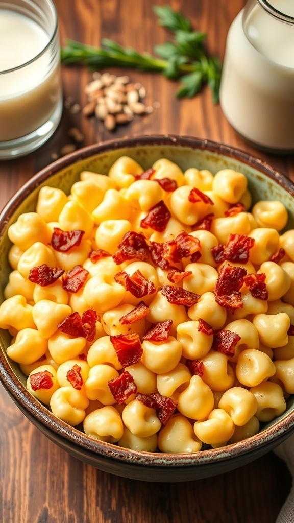 Creamy Keto Mac and Cheese Recipe A bowl of creamy keto mac and cheese with cauliflower, topped with bacon and pork rinds, on a rustic table.