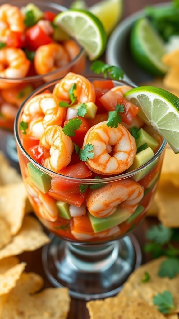 A vibrant Mexican shrimp cocktail with shrimp, tomatoes, avocado, and lime, served with tortilla chips.