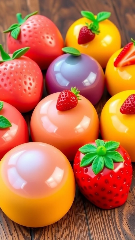 Realistic fruit-shaped mousse cakes with glossy mirror glaze, resembling mangoes and strawberries, displayed on a wooden table.