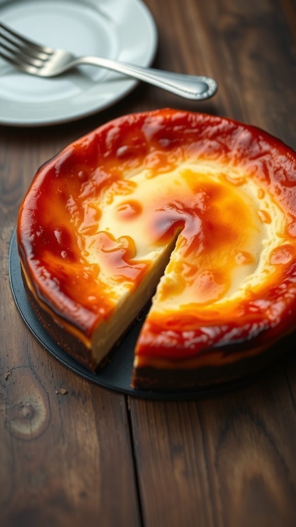 Burnt Basque cheesecake with caramelized top and creamy center on a wooden table.