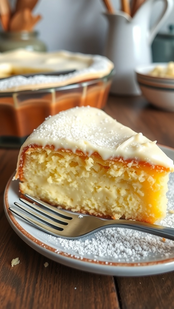 Cream Cheese Gooey Butter Cake Recipe Slice of cream cheese gooey butter cake dusted with powdered sugar on a wooden table.
